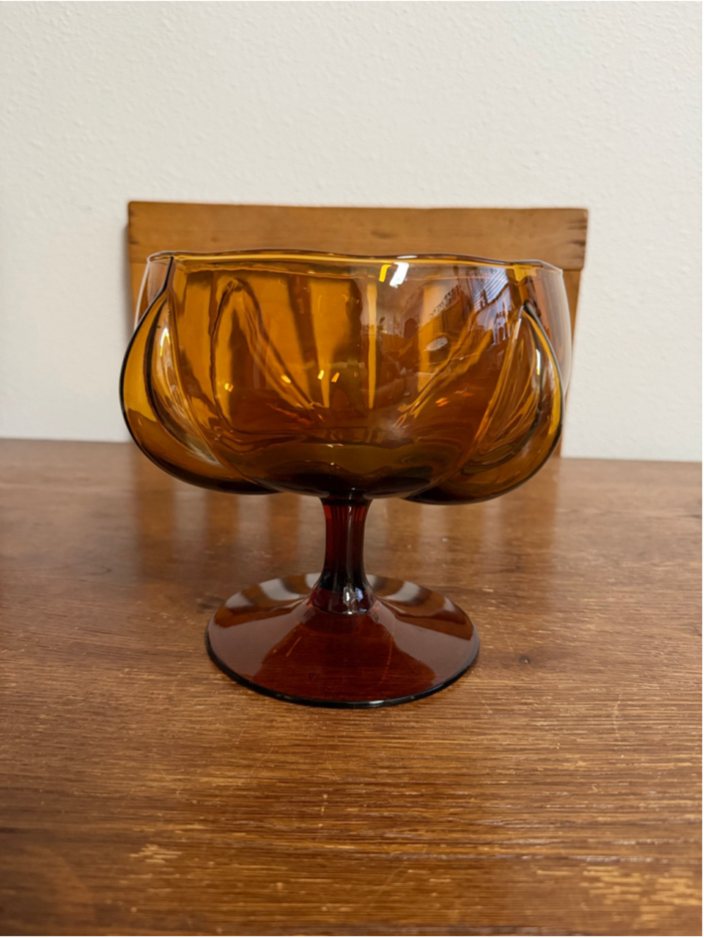 Vintage Amber Glass Pedestal Compote Bowl 8” Footed Mid Century Retro